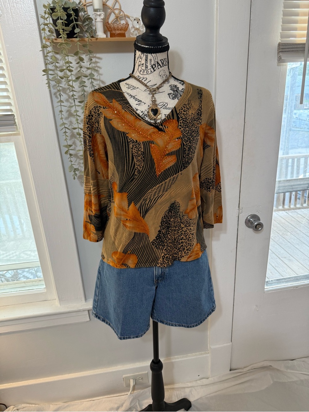 City Trend y2k cheetah top with 3/4 sleeves and beaded details